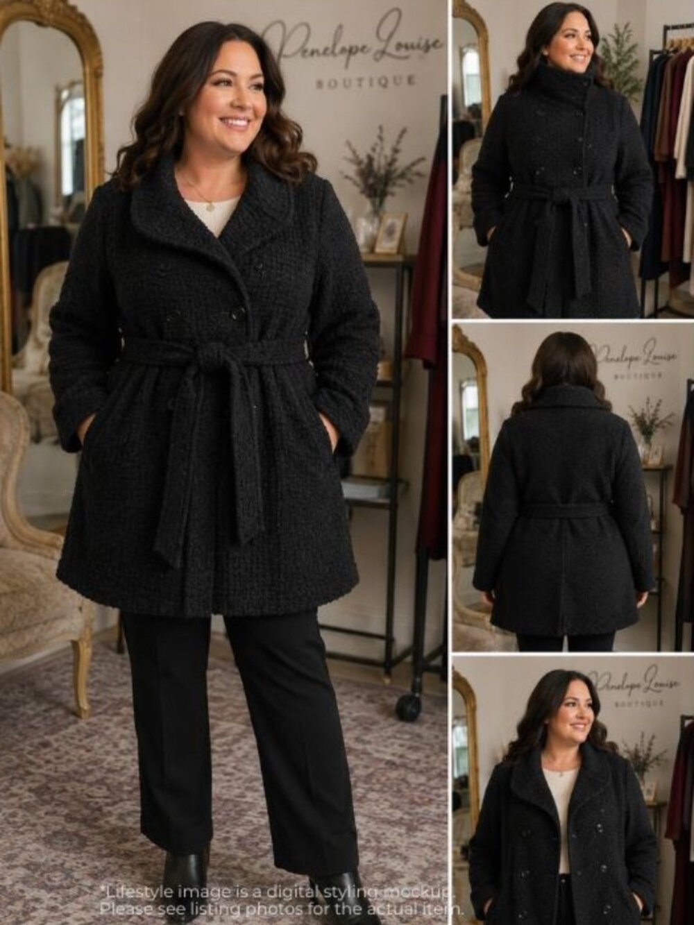 Calvin Klein 3X Black Textured Wool Blend Belted Coat Plus Size